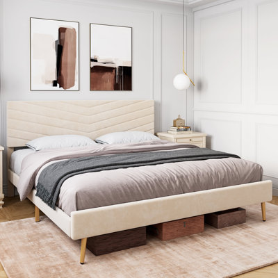 Structure de lit très grand, lit plateforme tapissier en velours avec tête de lit réglable, support de lattes en bois massif, aucun sommier requis, assemblage facile, silencieux, beige