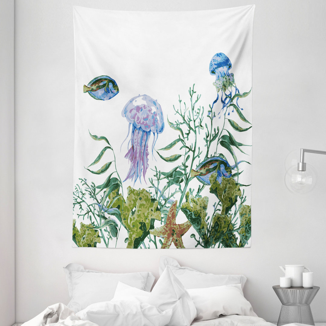 Wandbehang Aquarell Stil Effekt Sea Life Muster mit Seetang Quallen und Fische