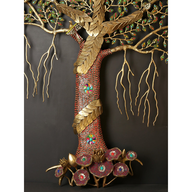 Arbre mural très grand arbre de vie 61 po - Laiton fabriqué à la main avec incrustation de pierres précieuses - Décoration murale majestueuse