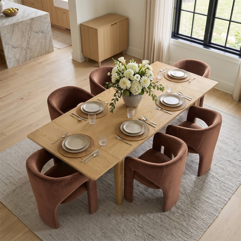 Ensemble de table de salle à manger extensible en placage de bois de 72" à 104" avec 6 fauteuils en velours, Rust