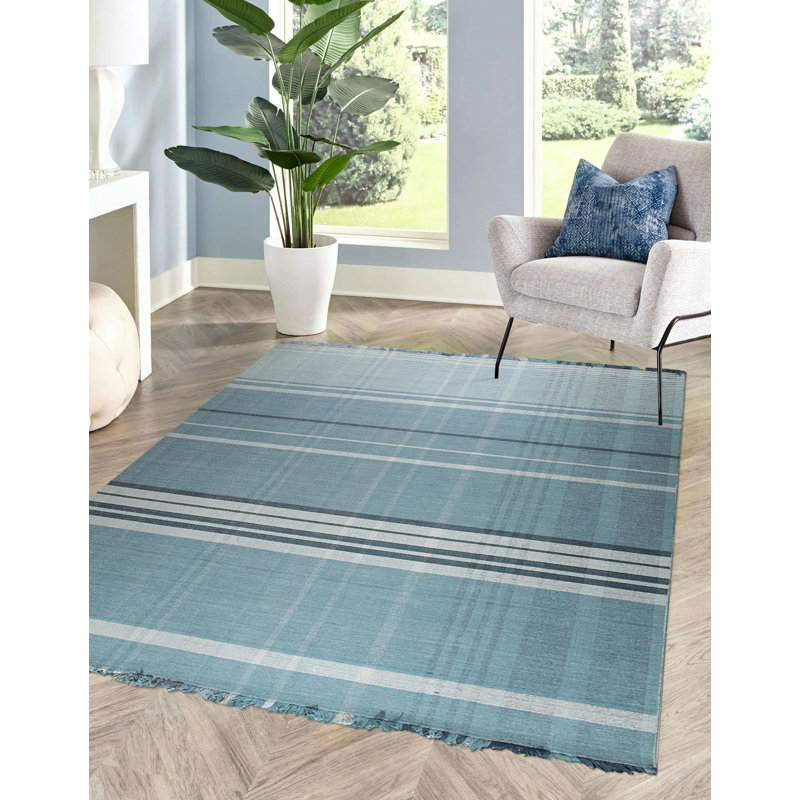 Tapis bleu en laine tissé à plat Bazil, Rectangle de 10 pi x 14 pi