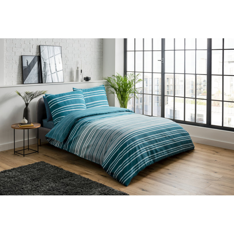 Mahn Striped Duvet Cover Set with Pillowcases, Double - 2 Pillowcases (80 x 80 cm), Teal