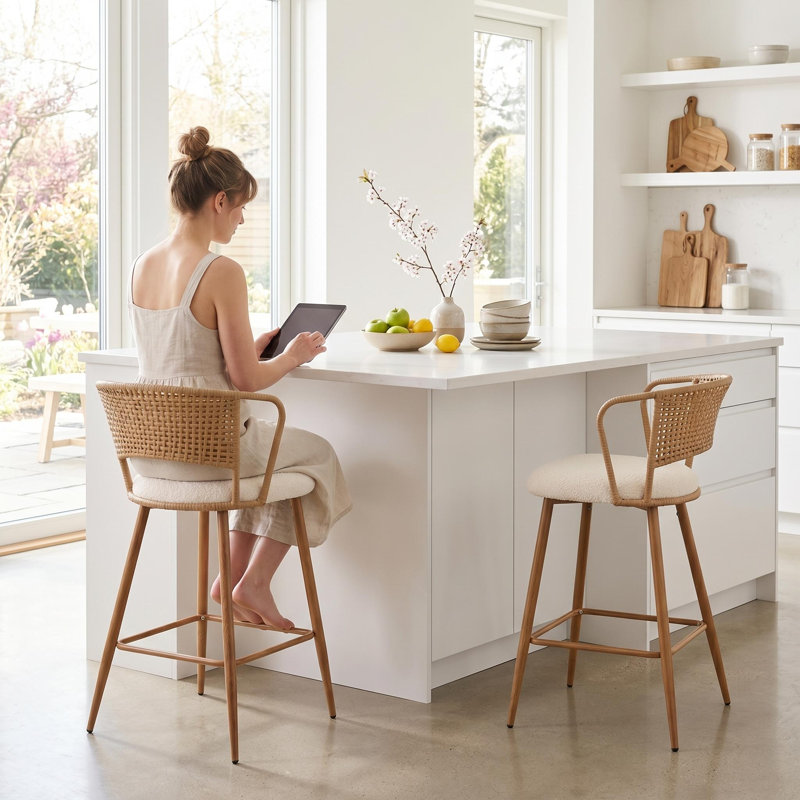 Tabourets de bar à hauteur de comptoir avec dossier en canne, assise rembourrée en chenille et pieds en métal à grain de bois