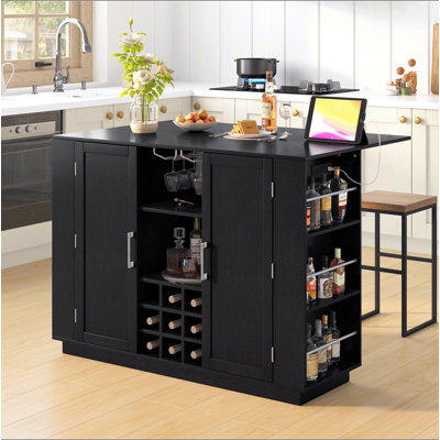 Table à hauteur de comptoir de 47,2 po avec plateau pliable et prise de courant, buffet armoire et bar, porte-bouteilles et porte-verres à pied, armoire de rangement à 2 portes pour la salle à manger (chaises non incluses)
