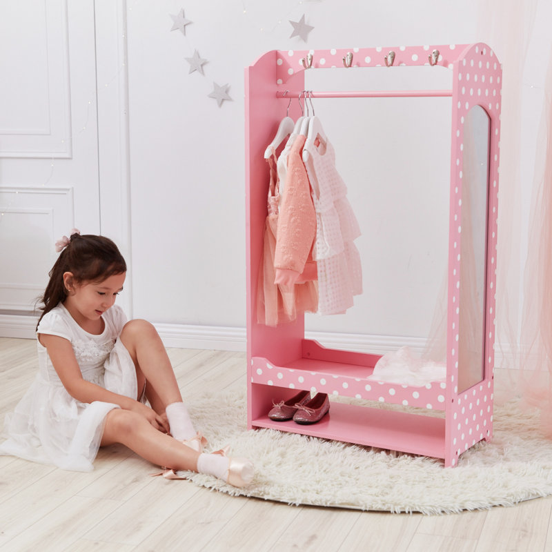 Fashion Polka Dot Prints Fantasy Fields Kids Wooden Mirrored Open Armoire with Two Shelves