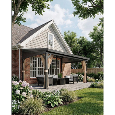 Pergola murale 10 po x 14 pi à toit rigide en métal avec toit en acier galvanisé, gouttières, filet coulissant et rideaux kahki