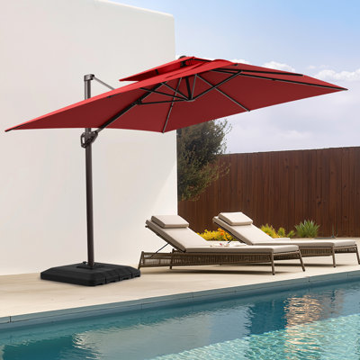 Parasol double déporté de 3,35 m x 2,74 m, base incluse