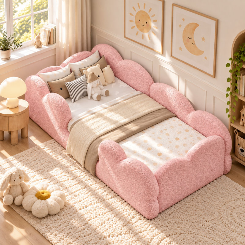 3ft Upholstered Bed Cloud-Shaped with surrounding guardrails Velvet, Pink