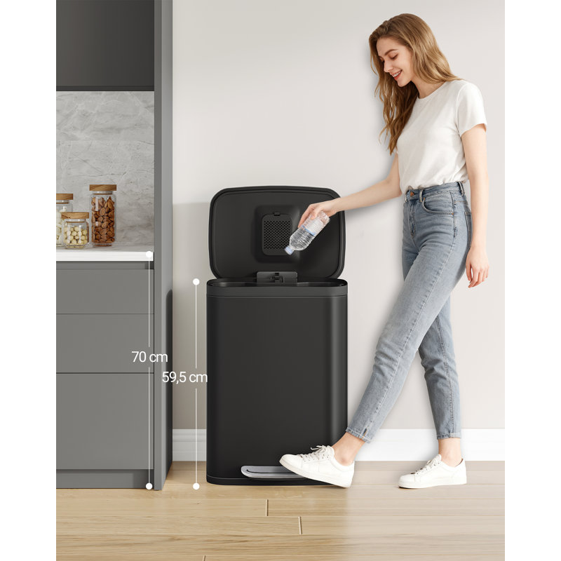 Kitchen Bin 50L, Recycling Bins for Kitchen, Stainless Steel Pedal Bin with Soft-Close Lid, Rubbish Bins with Handle, Removable Inner Bucket, 15 Bin Bags 