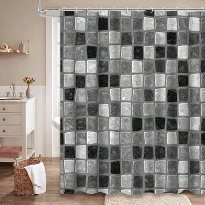 Petit rideau de douche noir et gris avec 12 crochets