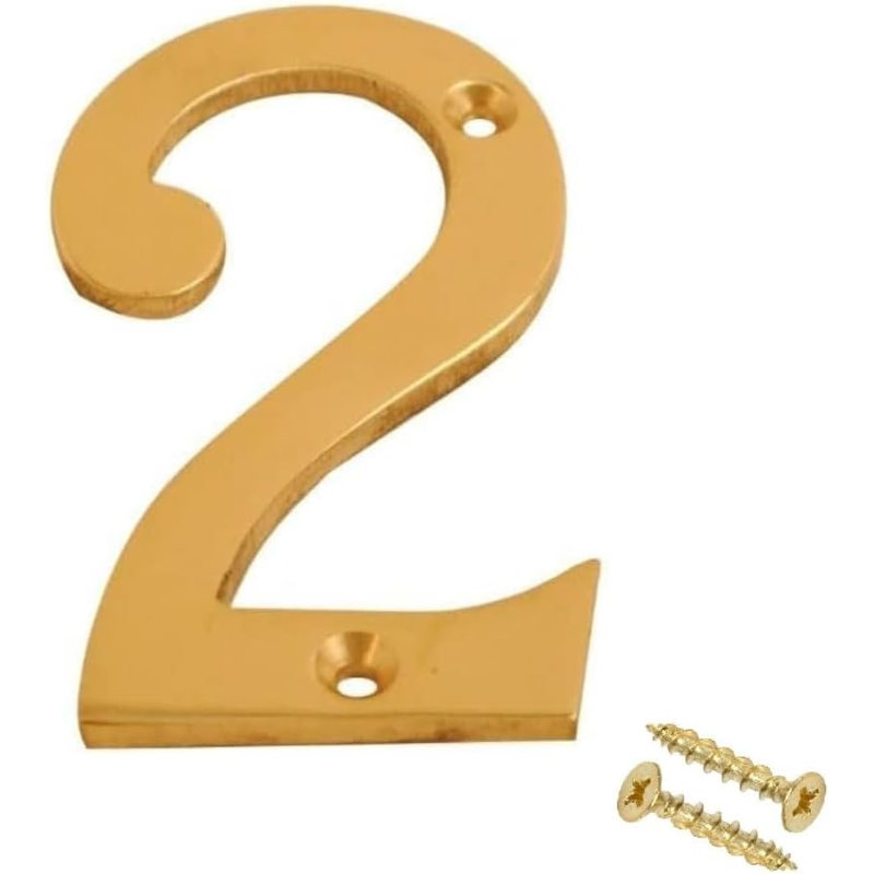 3 inch Brass Door Polished Screw On Front Door Numeral with Fixing Screws for uPVC, Wooden & Composite Exterior Doors, 2