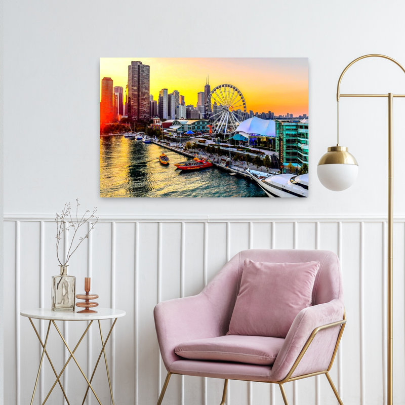 Navy Pier with Ferris wheel at sunset Chicago Illinois USA 1 Piece Wrapped Canvas Wall Art, 60.96cm H x 91.44cm W