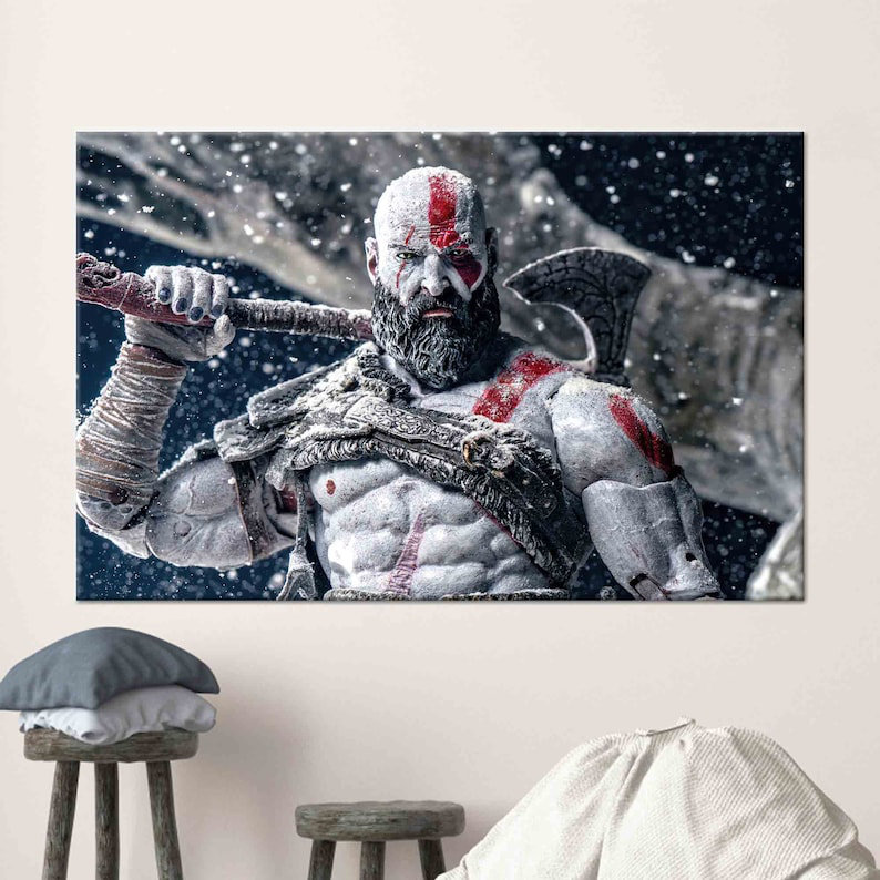 Modern God of War Kratos Canvas Poster - Contemporary Loft Wall Art 2, Does Not Apply, 20 cm H x 30 cm W, Wrapped Canvas