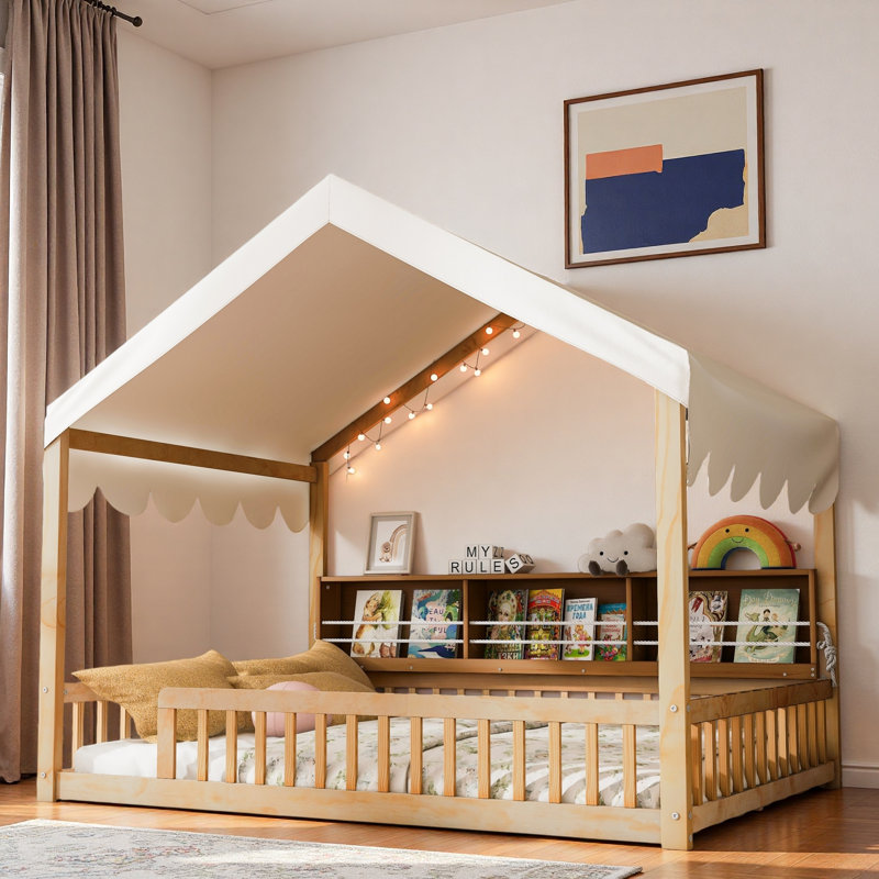 Lit en bois avec auvent, 3 étagères de rangement et lumière DEL, Naturel