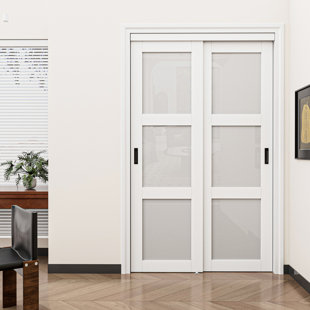 80"H 3-Lite Frosted Tempered Glass Sliding Closet Door with Hardware Kit & Handles