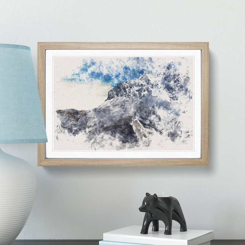 White Wolf with a Mountain Landscape - Picture Frame Painting Print, 62cm H x 87cm W x 2cm D, Oak Framed