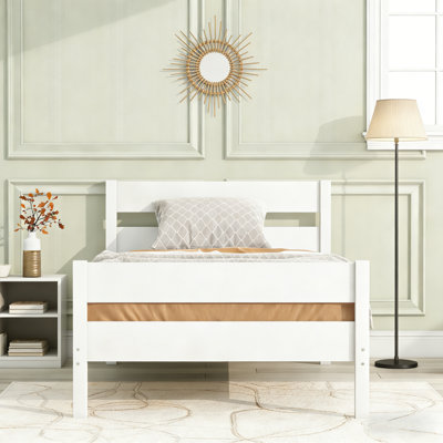 Rubber Wood Bed Frame with Headboard and Footboard, Platform Bed with Underbed Storage and Sturdy Wooden Slat Support, No Box Spring Needed, White, Twin