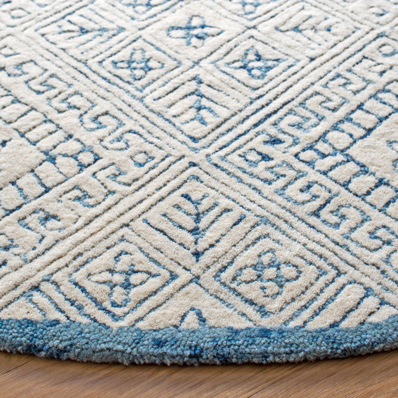 Crowell Geometric Handmade Tufted Wool Blue/Ivory Area Rug, Round 6'