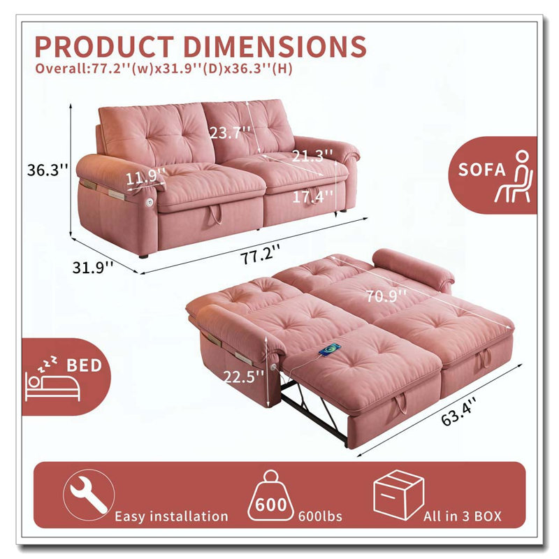 Canapé-lit convertible en velours multifonctionnel, Rose