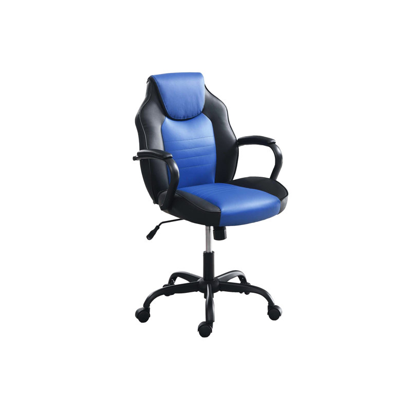 Chaise de bureau de jeu avec siège rembourré confortable, similicuir noir et bleu, cinq roulettes et hauteur réglable pour un travail de couleur moderne,