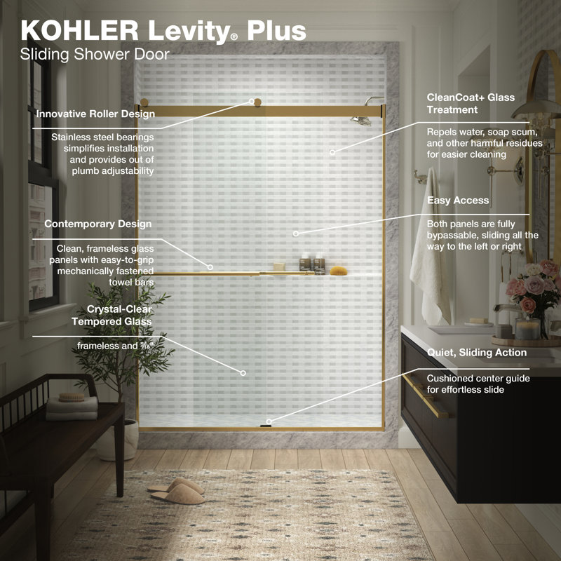 Levity Plus Less Sliding Shower Door, 77-9/16 In. H X 44-5/8 - 47-5/8 In. W, With 5/16 In.-Thick Crystal Clear Glass, Bronze