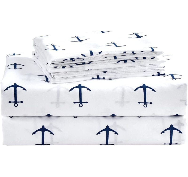 Microfiber White Navy Anchors Nautical Sheet Set, Twin Sheet Set with 1 Pillowcase, Geometric 1