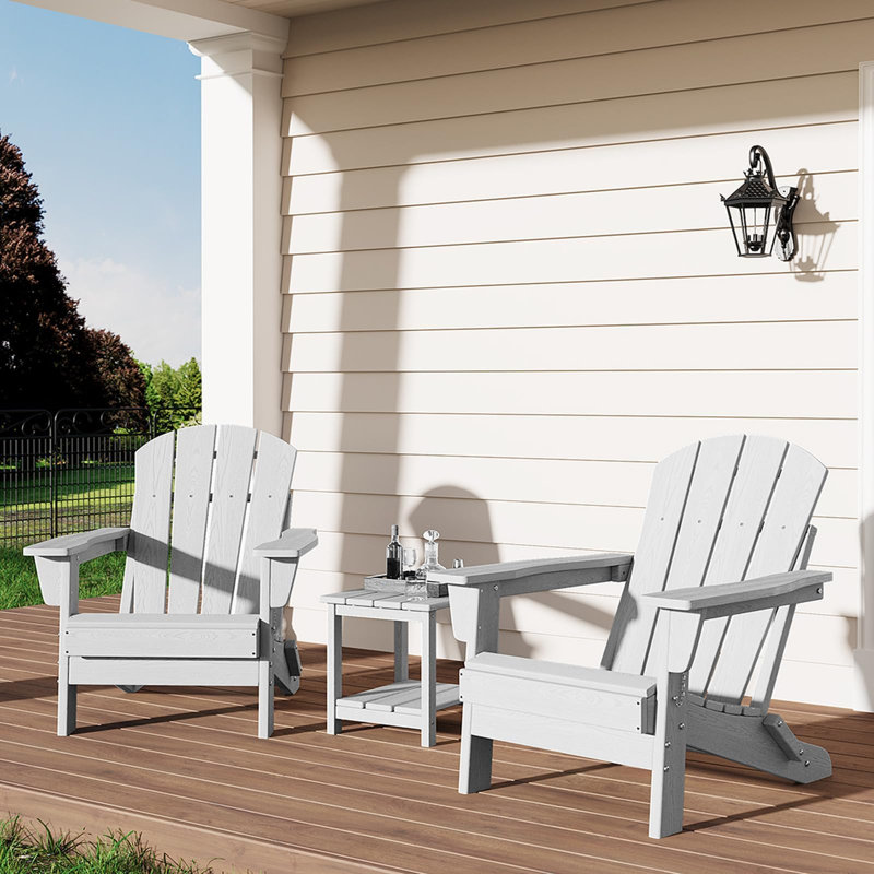 Ensemble de 2 chaises pliantes Adirondack avec table d'appoint, chaises d'extérieur en plastique PEHD avec texture de bois - 380 lb et résistant aux intempéries pour le foyer, la terrasse, la piscine, la cour - blanc