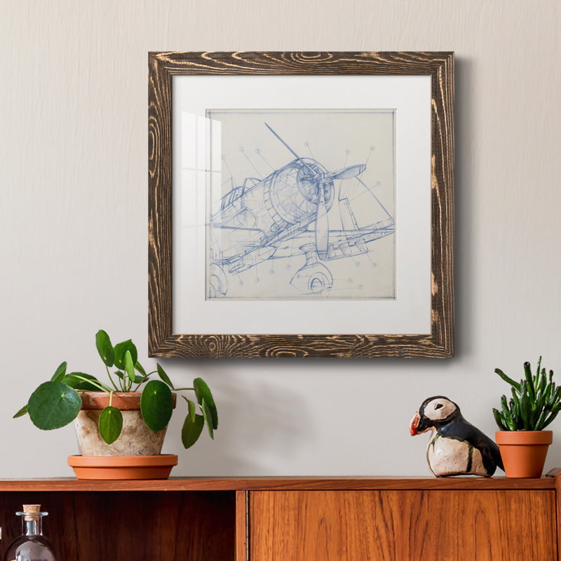 Croquis mécanique d'avion I-Premium, reproduction encadrée - prêt à être accroché, Papier avec cadre noyer, Blanc