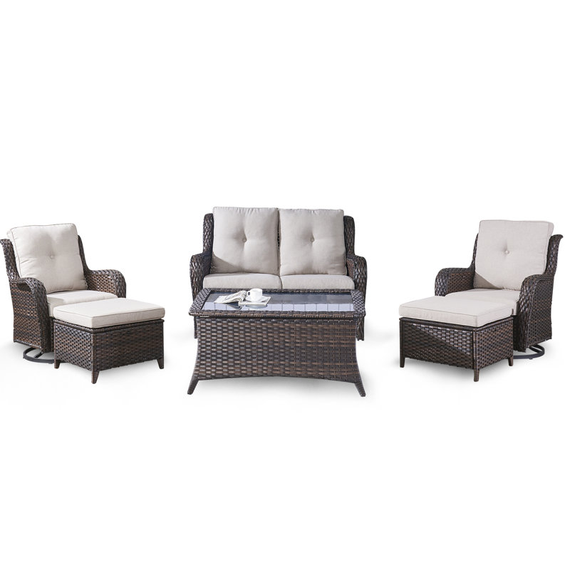 Bonia Wicker 4 - Person Patio Conversation Set with Cushions, Brown Frame/Beige Cushion