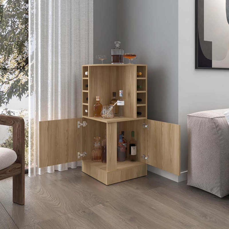 Bar en chêne naturel avec porte-bouteilles et tablette ouverte, Bois naturel