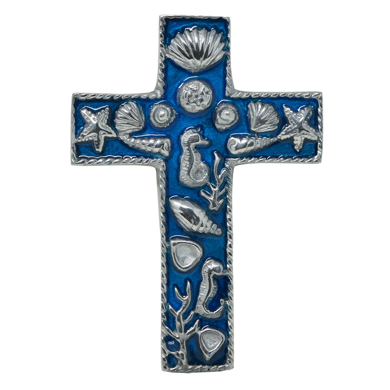 Pewter Cross With Enamel Inserts Ocean Themed