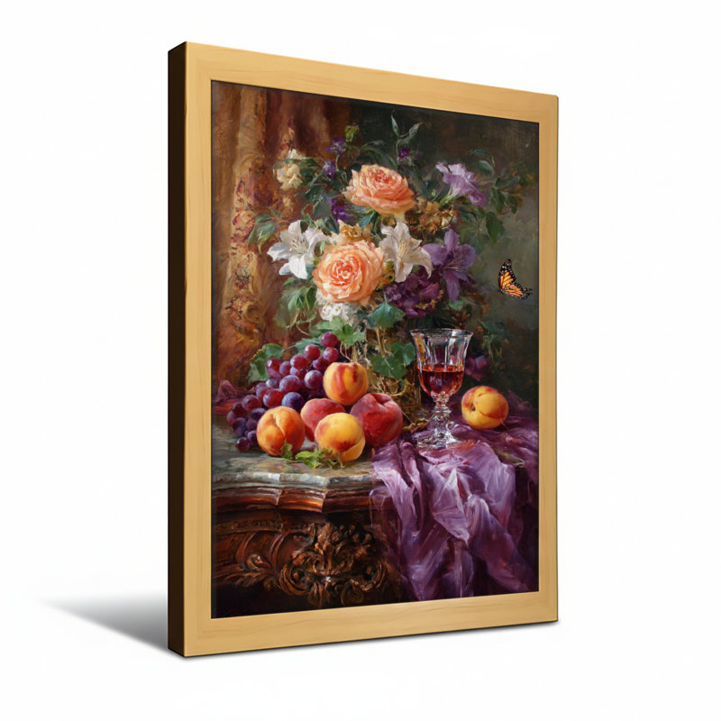 Nature morte avec plantes, fleurs, fruits et vin, H 36 po x l 24 po, Toile tendue, Ne s’applique pas
