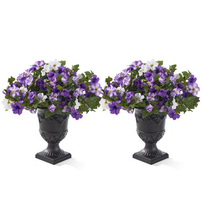 Artificial Morning Glory Flowers With Black Urn Planter - 28In Faux Flower Arrangement With 81 Purple White Blooms For Entryway Porch Patio Home Office Decor