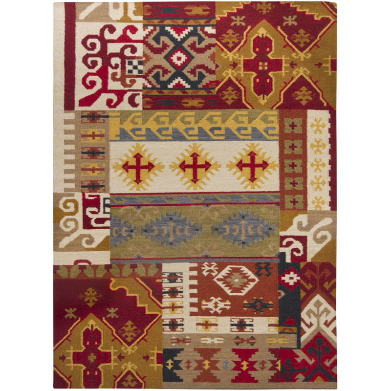 Tapis tissé à la main bleu, gris, blanc, jaune, noir et vert Gupta, Rectangulaire 7 pi x 10 pi