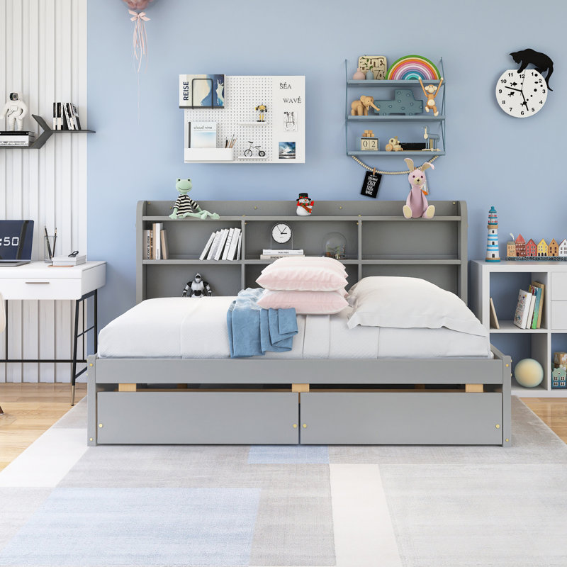 Space-Optimizing Bed With Side Bookcase, Drawers, Gray, Twin 