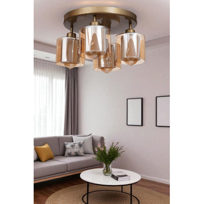 Elegant Honey & Gold Metal Chandelier, 8.3 x 4.7 inches | Durable Metal Body with Glass Cap | Total Height: 8.3 inches, Base Plate Ø11.8 inches | 4 x E27 Sockets (Bulbs Not Included) | Stylish Lighting for Home Decor
