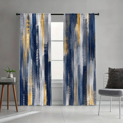 2PCS Rod Pocket Light Filtering Curtains, Gold Accent Abstract Brush Stroke Printed Drapes, Minimalist Modern Art Decor, All Season Window Treatments for Living Room Bedroom Dorm Home Decoration