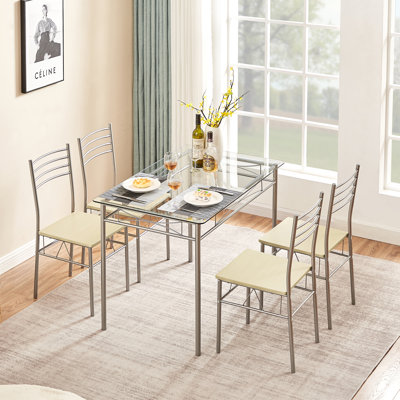 TC 5Pcs Dining Table Set with 4 Placemats, Metal Glass Table and 4 Chairs Kitchen Breakfast Home