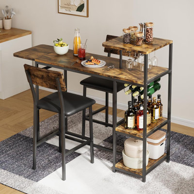 Ensemble de table de salle à manger pour 2, ensemble de table de bar extensible 3 pièces et chaises, avec tablettes de rangement et support à vin, petit ensemble de salle à manger de cuisine, appartement
