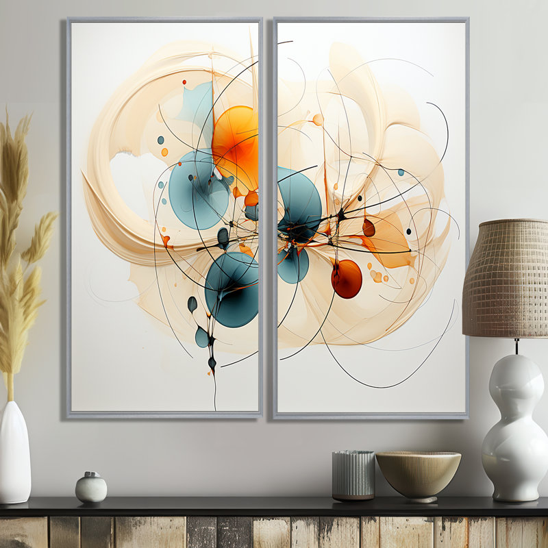 «Teal Orange Line Art Conceptual Abstracts II», art mural sur toile moderne sarcelle, H 32 po x l 32 po, Argent argent