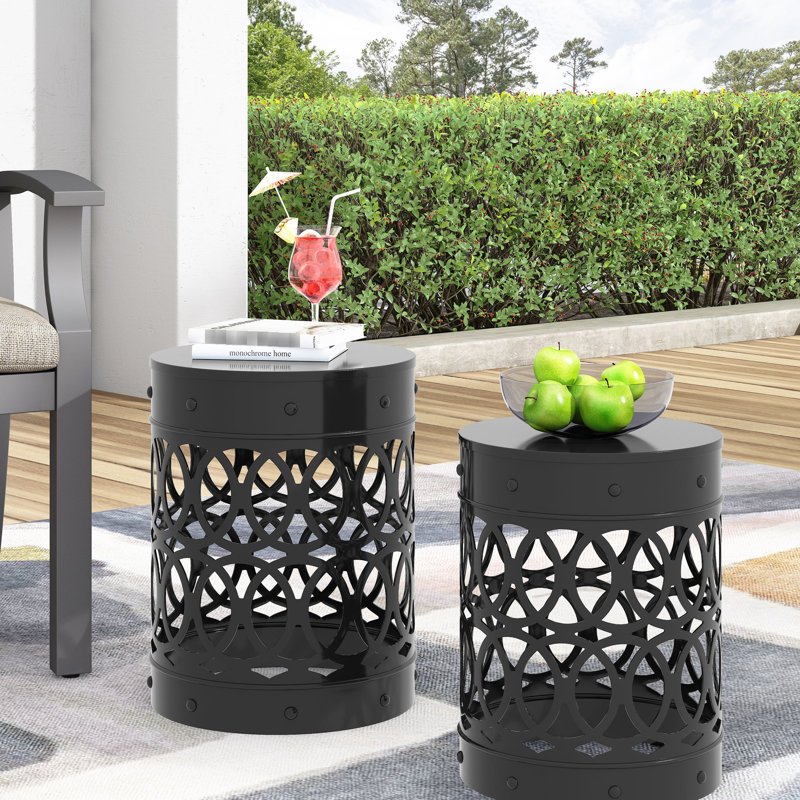 Outdoor Metal End Tables - Of 2 With Chic Iron Cut Design, Powder-Coated Frame, No Assembly, Black Design Table Modern Side For Garden