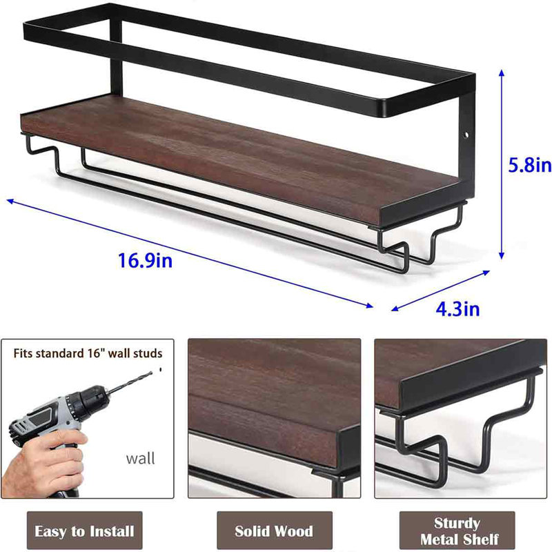 Tayba Solid Wood Wine Bottle & Glass Rack in Black and Brown