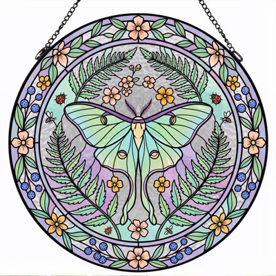 Moth Garden Stained Glass Window Panel，7.8H