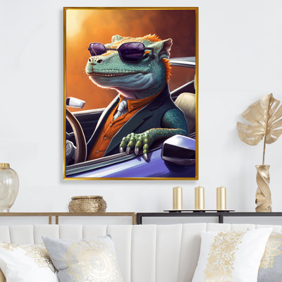 Lézard vert portant des lunettes de soleil dans une voiture de sport - reproduction d'art sur toile
