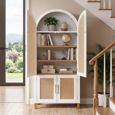 71" Tall Arched Cabinet with Rattan Doors & Adjustable Shelves,4 Doors Modern Farmhouse Storage Cabinet with Built-in Racks for Kitchen, Dining Room, Study