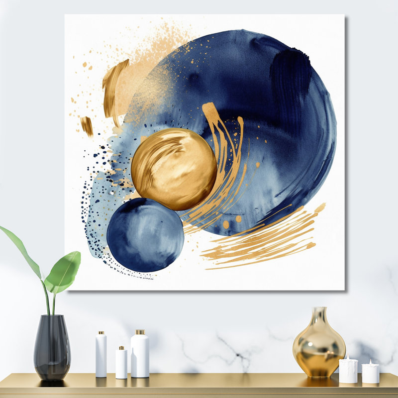 Bleu foncé et or, cercle abstrait texturé - impression, H 36 po x l 36 po x P 1,5 po, Toile tendue