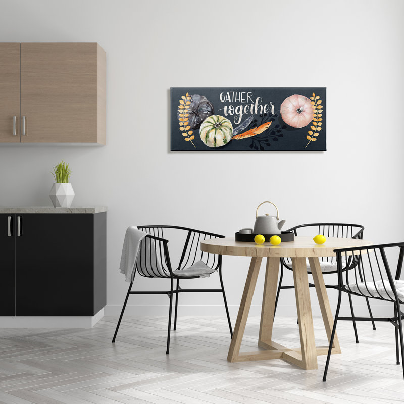 Gather Together Pumpkin Harvest Feathers Deep Blue par - Art textuel, Toile tendue, H 17 po x l 40 po x P 2 po