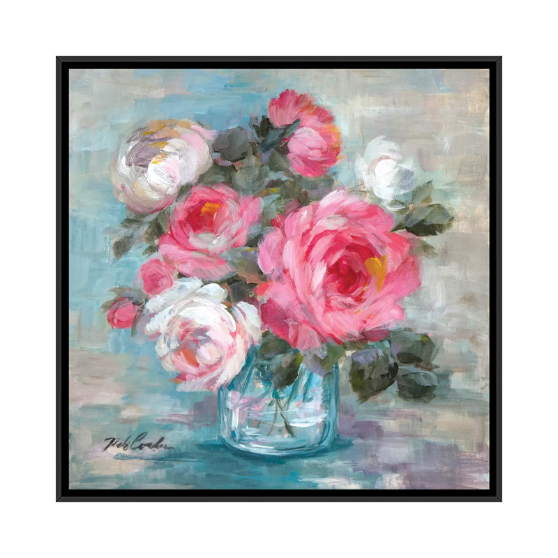 « summer roses ii », impression sur toile, H 18 po x l 18 po x P 1,5 po, Toile avec cadre noir, Pas de tapis