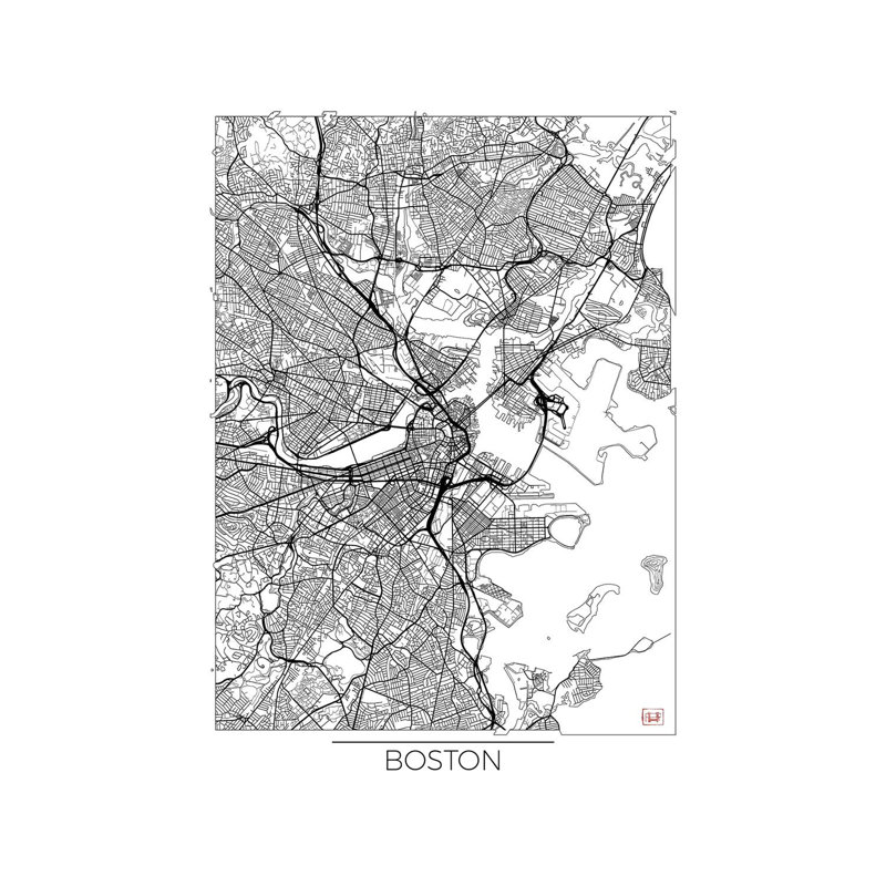 Boston Minimal Urban Blueprint Map 1 Piece Wrapped Canvas Wall Art, 66.04 cm H x 45.72 cm W x 1.91 cm D