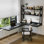 Bureau en coin en acrylique avec tablette en L et bibliothèque intégrée